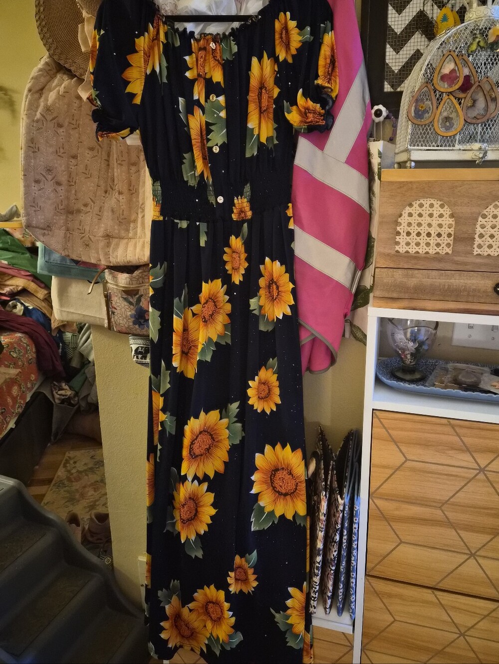 Sunflower Print Maxi Dress - Black & Yellow